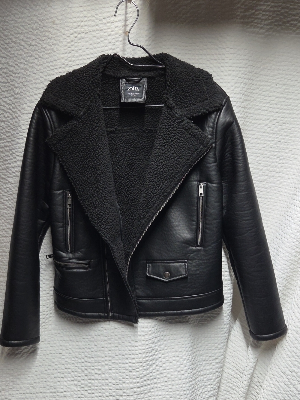 ZARA Black Faux Leather Sherpa-Lined Biker Jacket